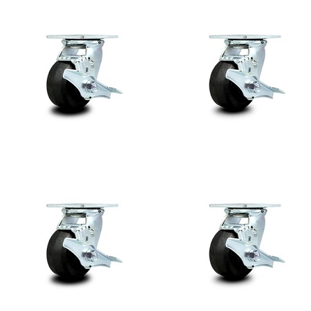 Service Caster 4 Inch Rubber on Steel Caster Set with Roller Bearings and Brake/Swivel Lock SCC SCC-30CS420-RSR-TLB-BSL-4